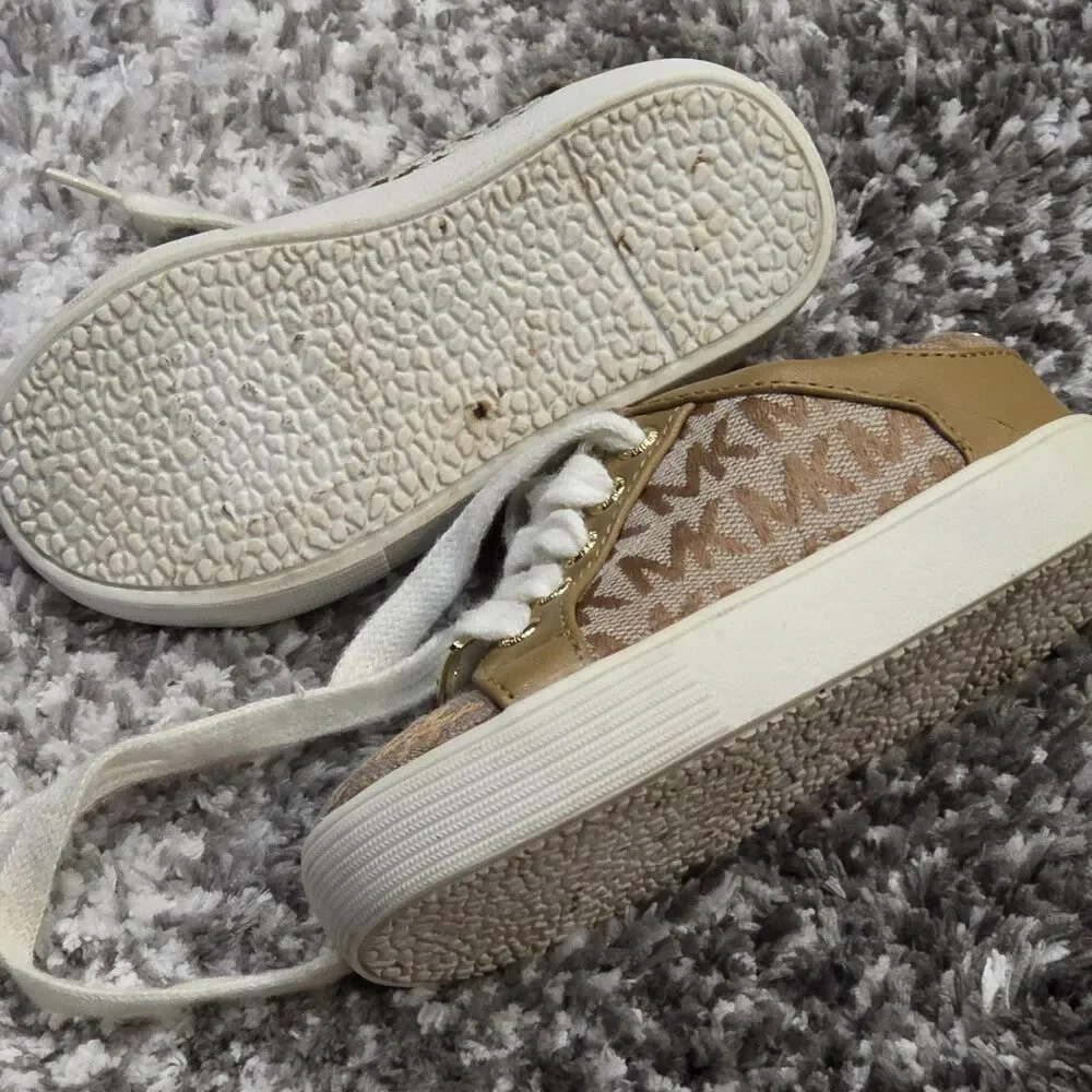 Michael Kors Girls Tan Monogram Logo Sneakers - Size 6